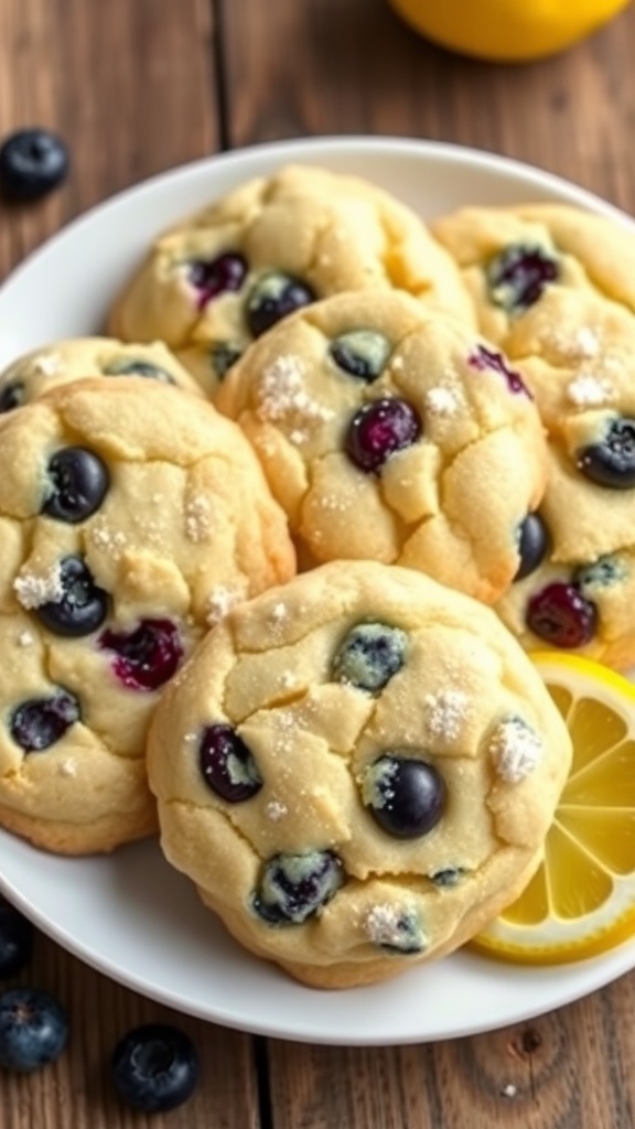 A plate of blueberry lemon cookies with powdered sugar and lemon slices on a rustic table.